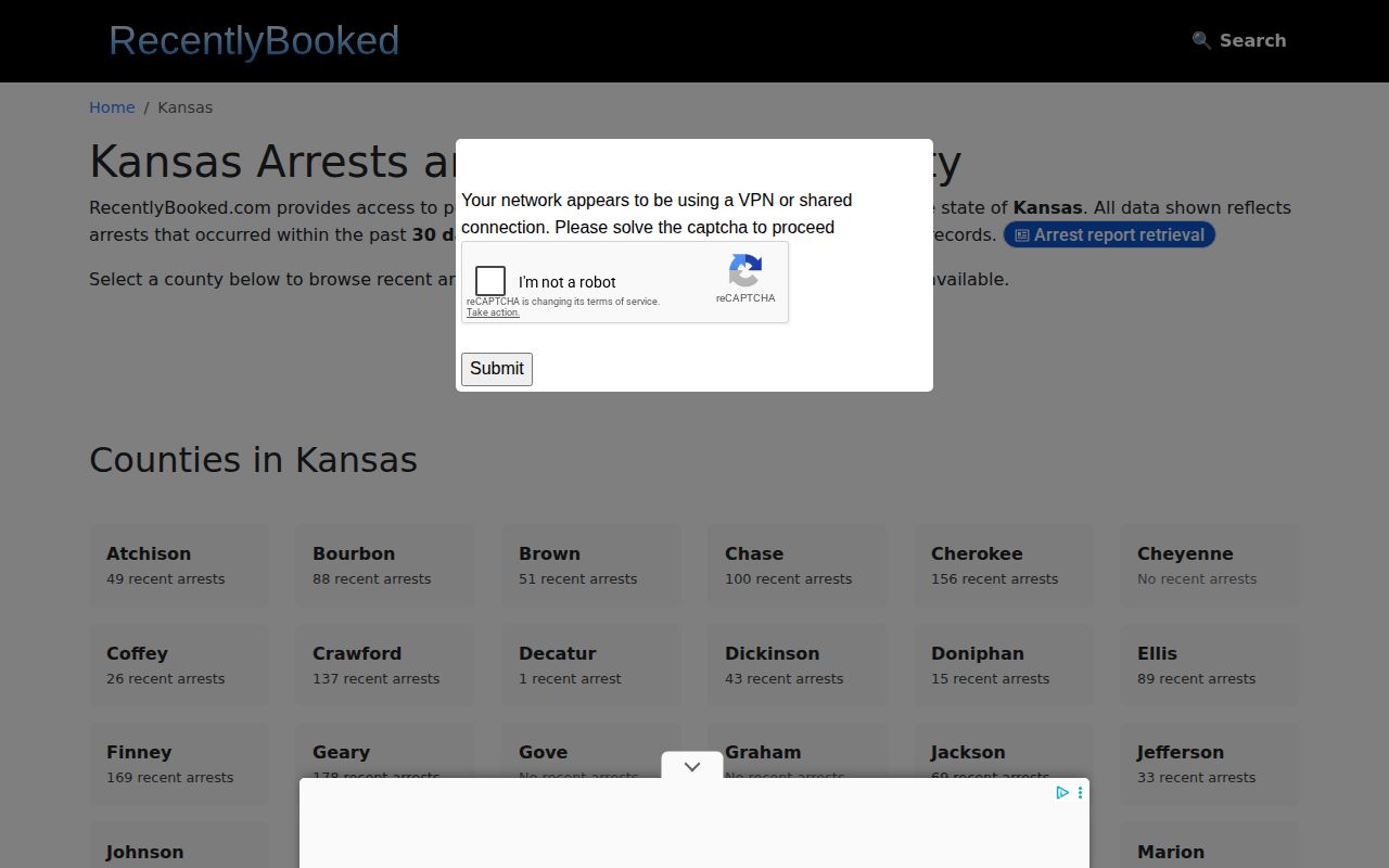 RecentlyBooked Kansas index without a Wilson County local booking section